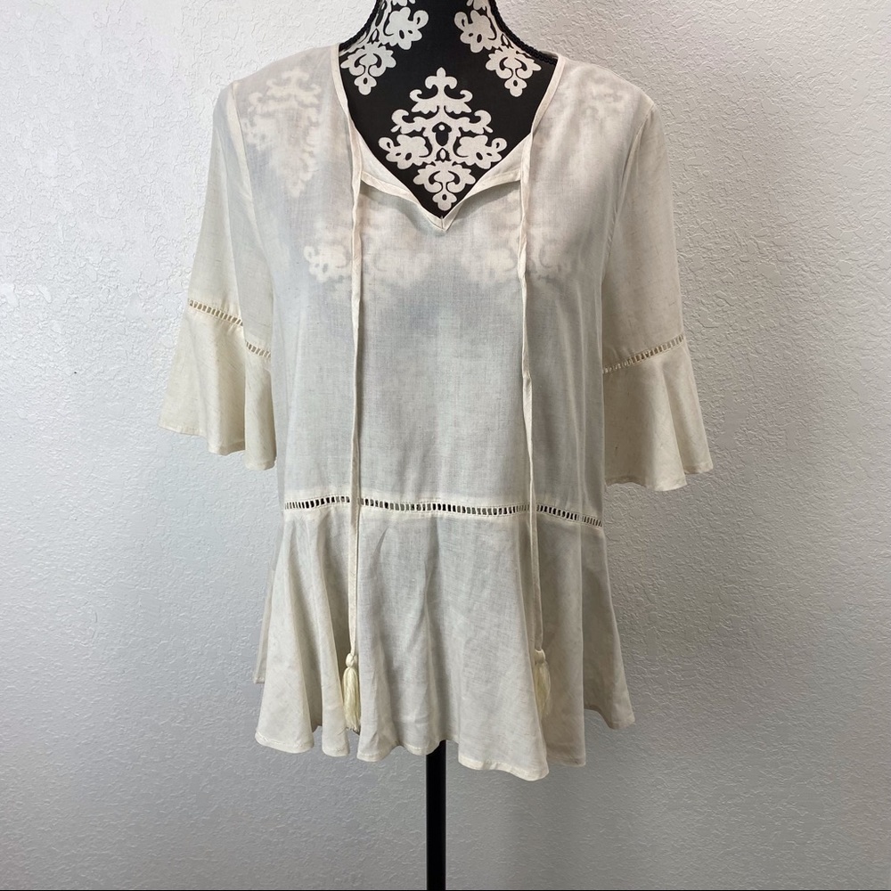 Entro Linen Blend Ruffle Hem and Sleeve Boho Lagenlook Top